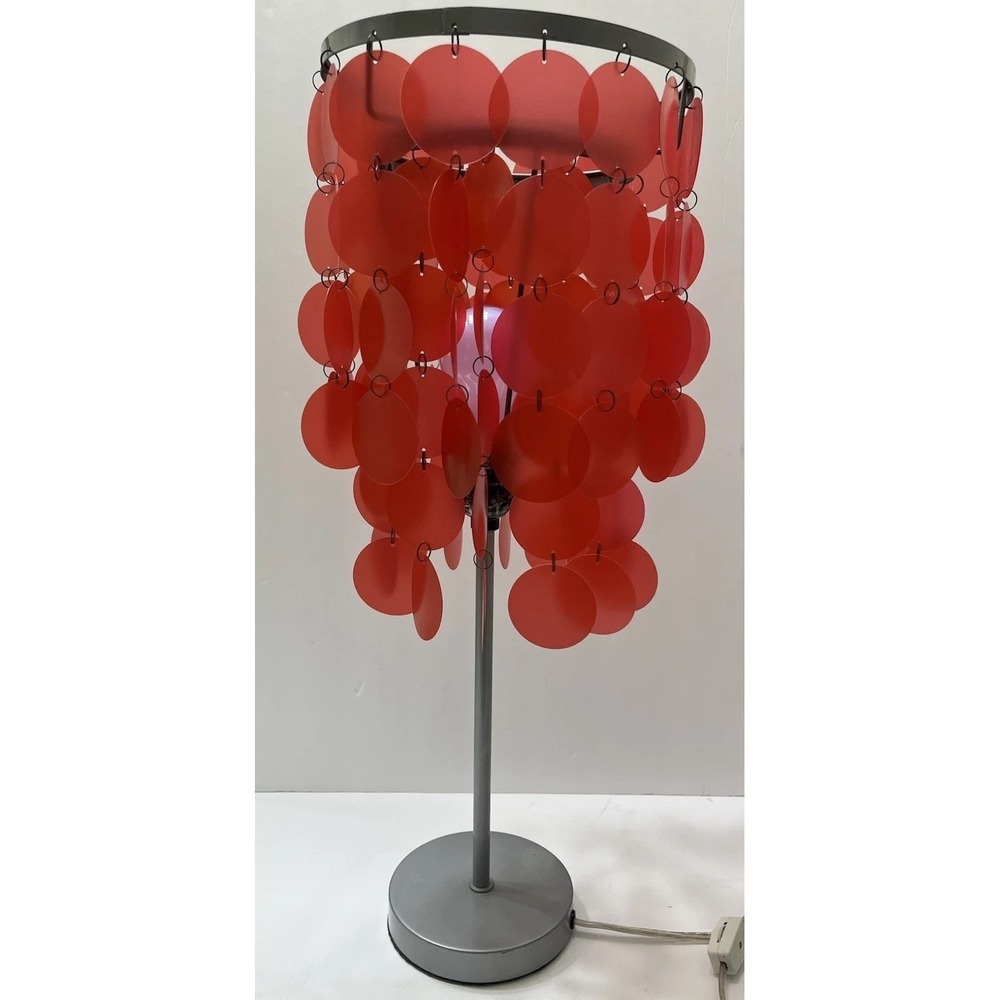 Vintage Table Lamp Red Plastic Disc Circles Silver Base Funky 70's Brady Bunch